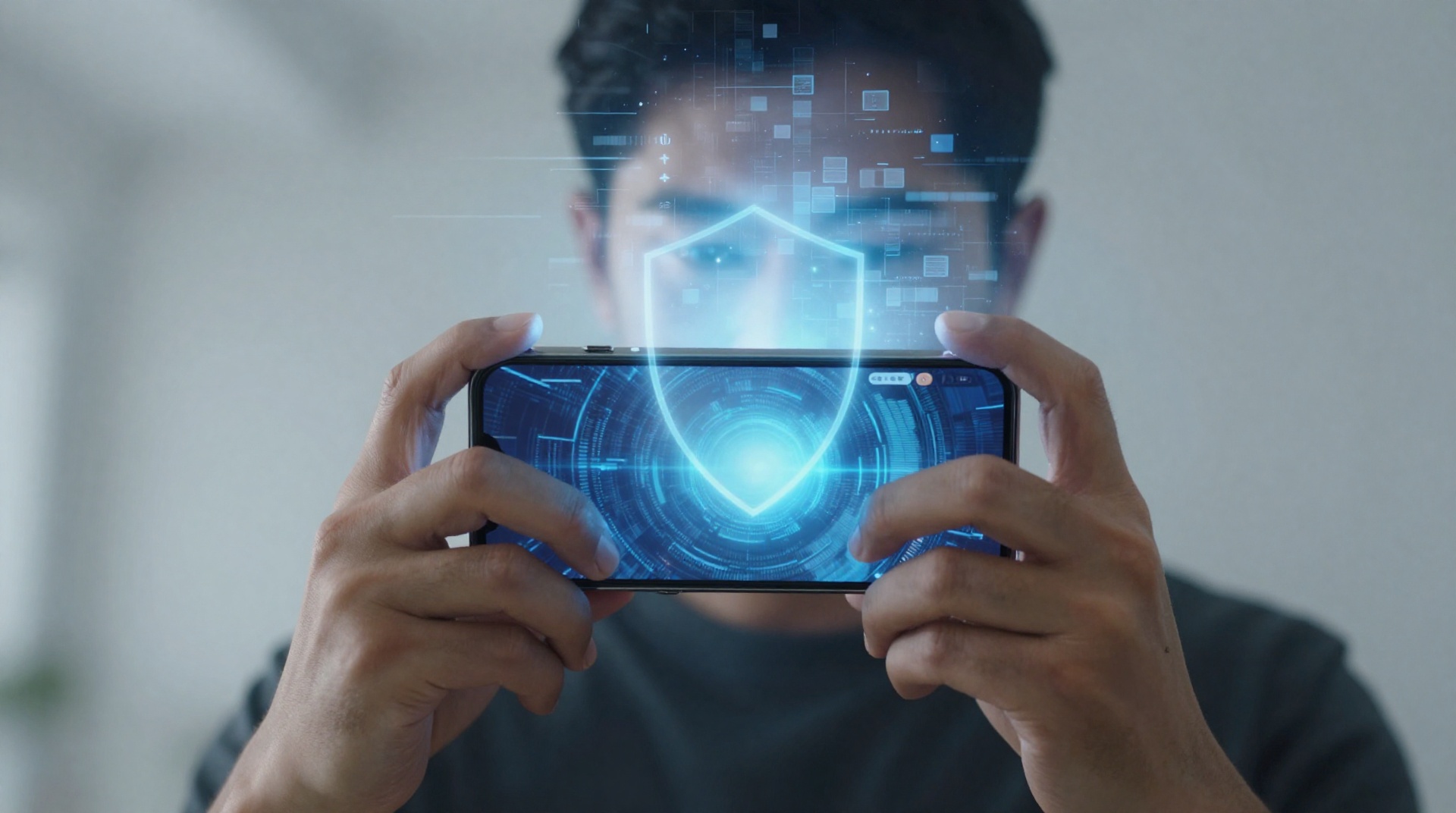 Первые действия при обнаружении фейкового видео Человек держит смартфон, его лицо размыто цифровым эффектом, символизируя защиту от дипфейков и фиксацию доказательств.